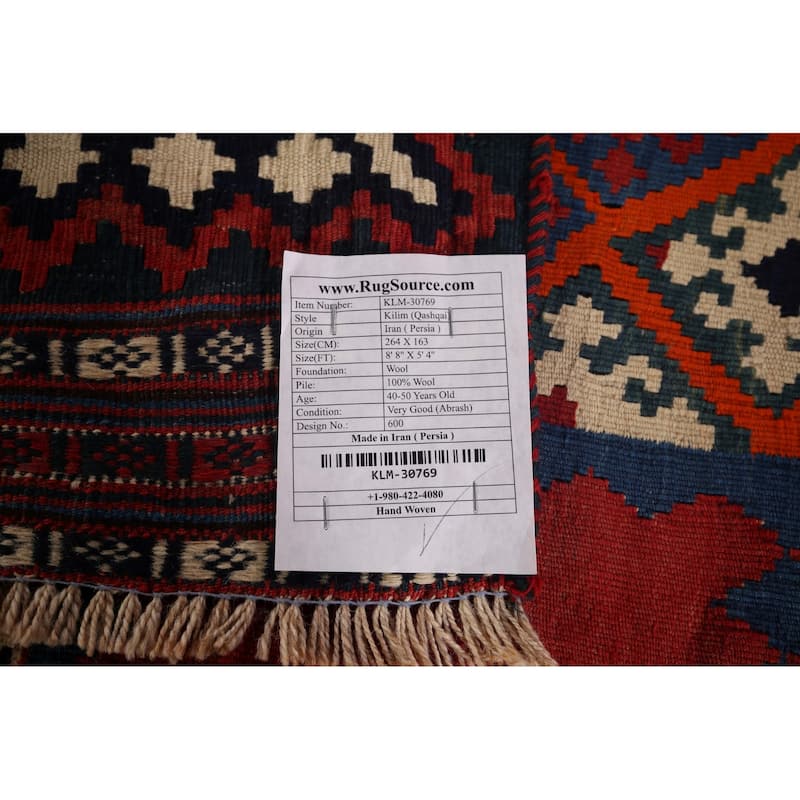 Vegetable Dye Kilim Qashqai Persian Vintage Hand-Woven Wool Carpet - 5'4"x 8'8"