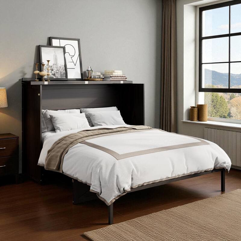 Queen Size Murphy Bed with USB Ports and Large Storage Drawers, Space-Saving Wall Bed Cabinet, Modern Brushed Finish