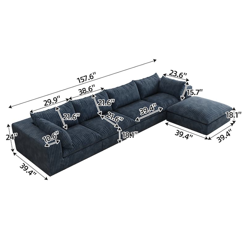 Corduroy L-shaped Sectional Sofa with Chaise Lounge, Deep Seat Modular Couch with Ottoman and Double-layer Seat Cushions