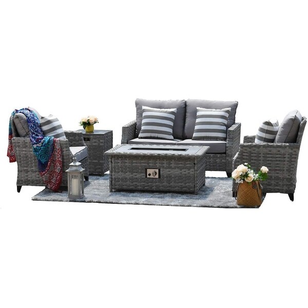 5-Piece Gas Fire Pit Wicker Patio Furniture Outdoor Seating ...