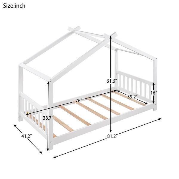 dimension image slide 0 of 2, Twin Size Platform Bed, Wooden Twin Playhouse Bed with Roof for Kids