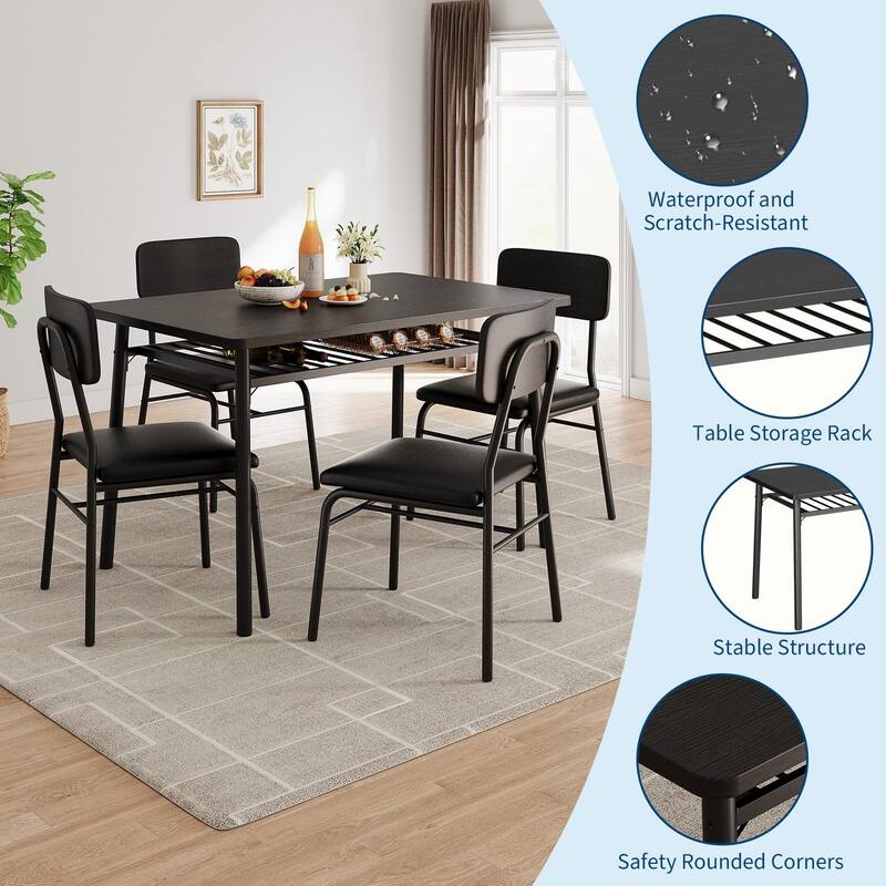 Dining Table Set for 4 with Storage Rack, 5-Piece Kitchen Table and Upholstered Chairs of 4, Tabletop & Heavy-Duty