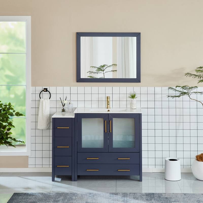 Vanity Art 48-Inch Single Sink Bathroom Vanity Set 5 Dove-Tailed Drawers 2 Cabinets 1 Shelf Soft-Closing Doors with Free Mirror - Blue