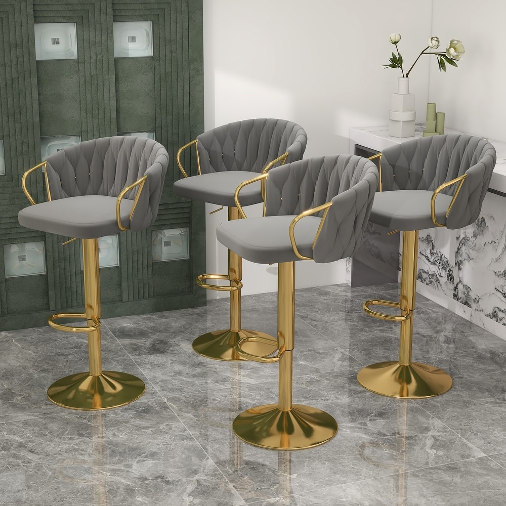 Set of 4 Bar Stool Adjustable Height Swivel Velvet Woven