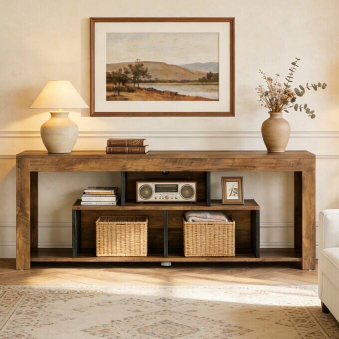 63" Console Table with Storage Shelf, Rustic Wooden Entryway Table