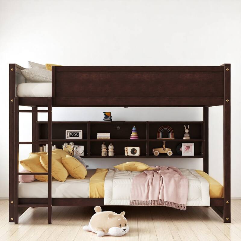 Queen Bunk Bed with Built-In Storage Cabinets, Charging Ports, and Safety Guardrails
