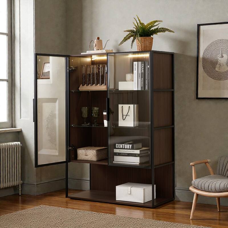 51.2'' Lighted Display Cabinet with Glass Doors, 4-Tier Adjustable Tempered Shelves & Metal Frame for Living Room or Kitchen