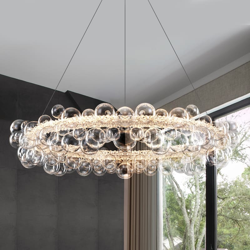 Crystal Bead LED Chandelier with Glass Globe, Adjustable - Dia.35.43-in