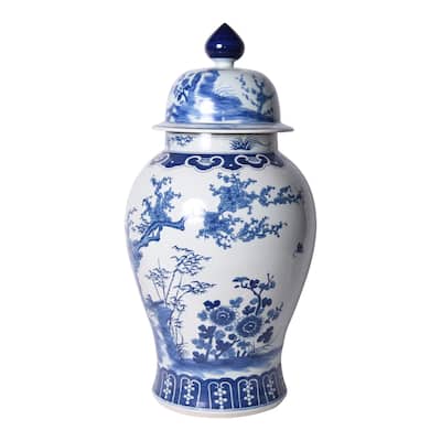 Blue and White Four Season Plants Large Temple Jar