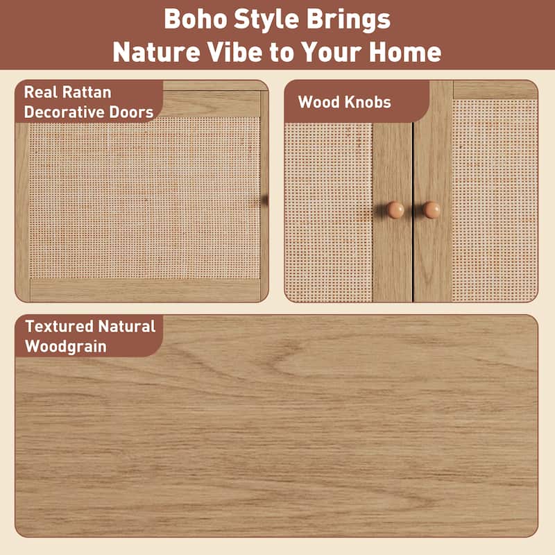 Boho TV Stand for 65-85" TVs, Entertainment Center with Rattan Details, Open Storage & Drawers, Modern Media Console