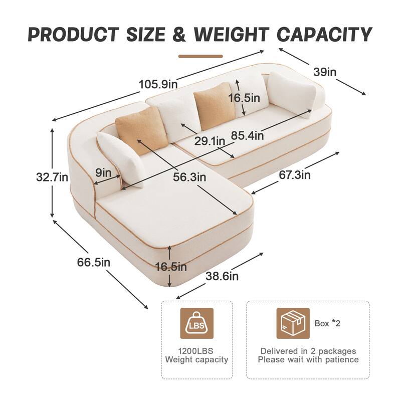 106" Teddy Fabric 32D Boneless Fluffy Comfy Sofa Couch with Chaise