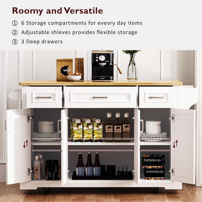 54-Inch Rubber Wood Kitchen Island With Drop Leaf, 4 Wheels, 4 Doors, 3 Drawers, For Kitchen Or Dining Room Storage. - 54inch