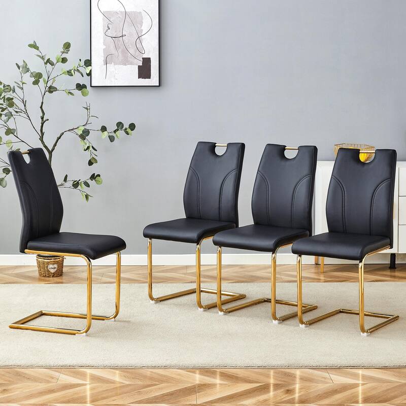 PU Dining Chair Set, Uniquely Designed Black Dining Chairs, Pu Material, Paired With Gold Metal Chair Legs (Set Of 4) - Black+Gold