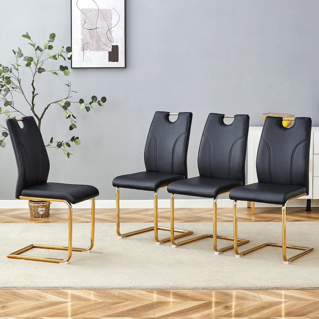 PU Dining Chair Set, Uniquely Designed Black Dining Chairs, Pu Material, Paired With Gold Metal Chair Legs (Set Of 4)