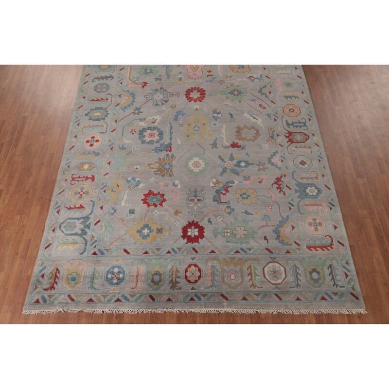 All-Over Gray Oushak Oriental Area Rug Hand-Knotted Wool Carpet - 9'0" x 11'8"