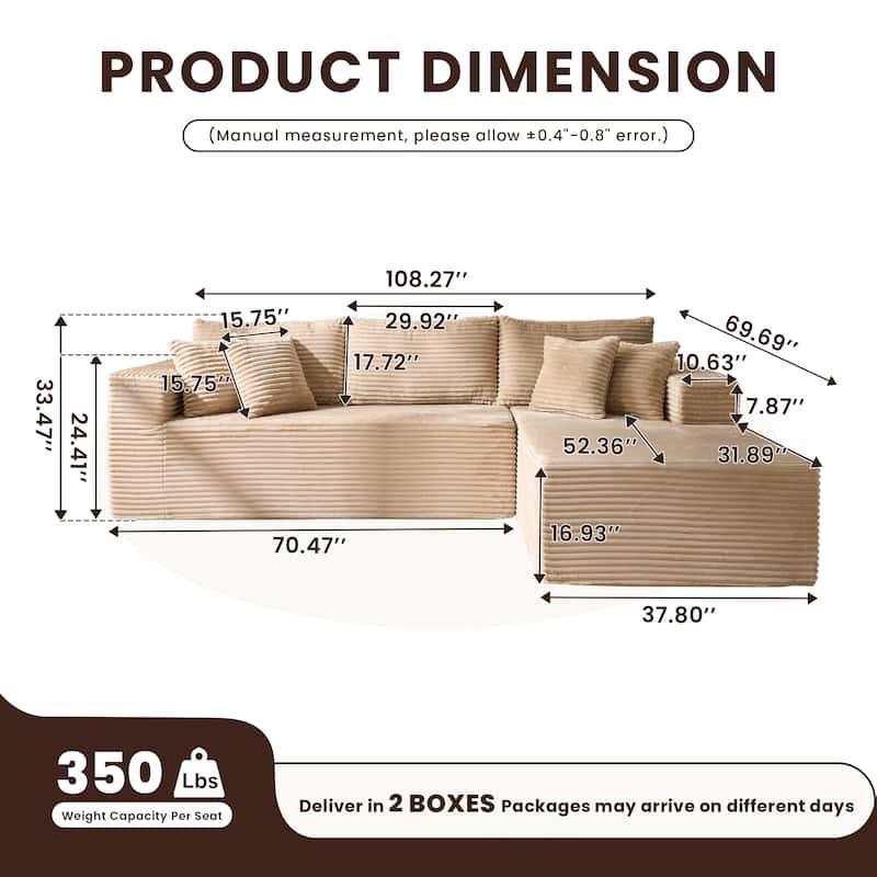 HOOOWOOO Modular Plush Upholstery L-shaped Sofa with Chaise Lounge