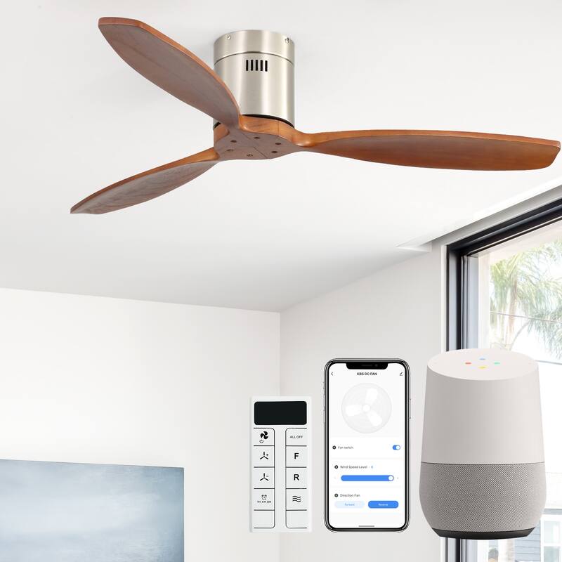Sofucor 52inch Solid Wood Ceiling Fan with Lights and Remote,Flush Mount Quiet Reversible DC Motor,Smart Control Optional - Smart-No Light - Nickel with Walnut Blades
