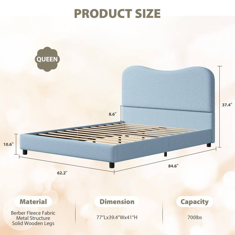 Low Profile Sturdy Platform Bed, with Velvet Upholstered Headboard, Strong Wooden Slats