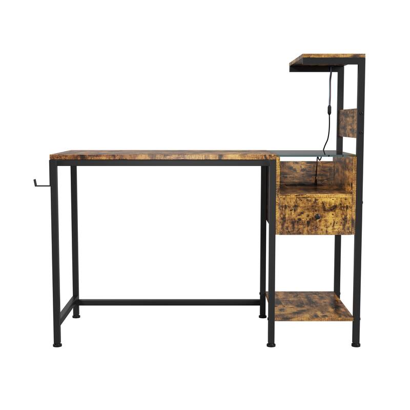 Computer Desk with Power Outlet & Reversible Shelves, Office Desk with USB Ports Charging Station & LED Lights