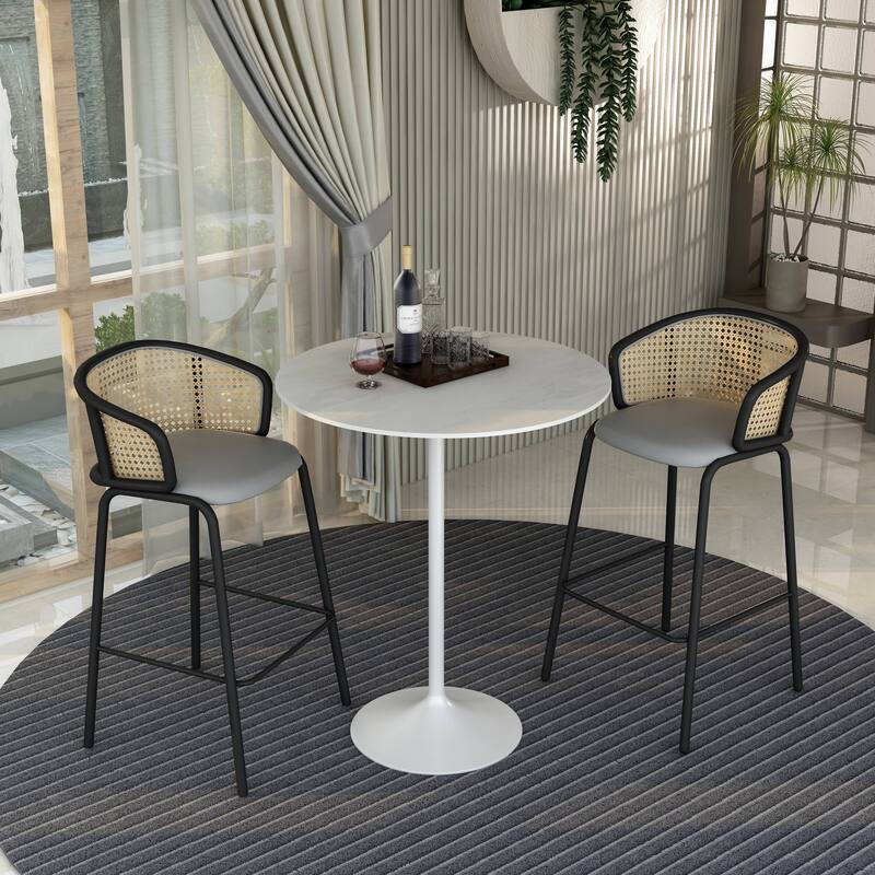 LeisureMod Verve 36" Bar Dining Table with Sintered Stone Round Top in White Steel, White Marbleized