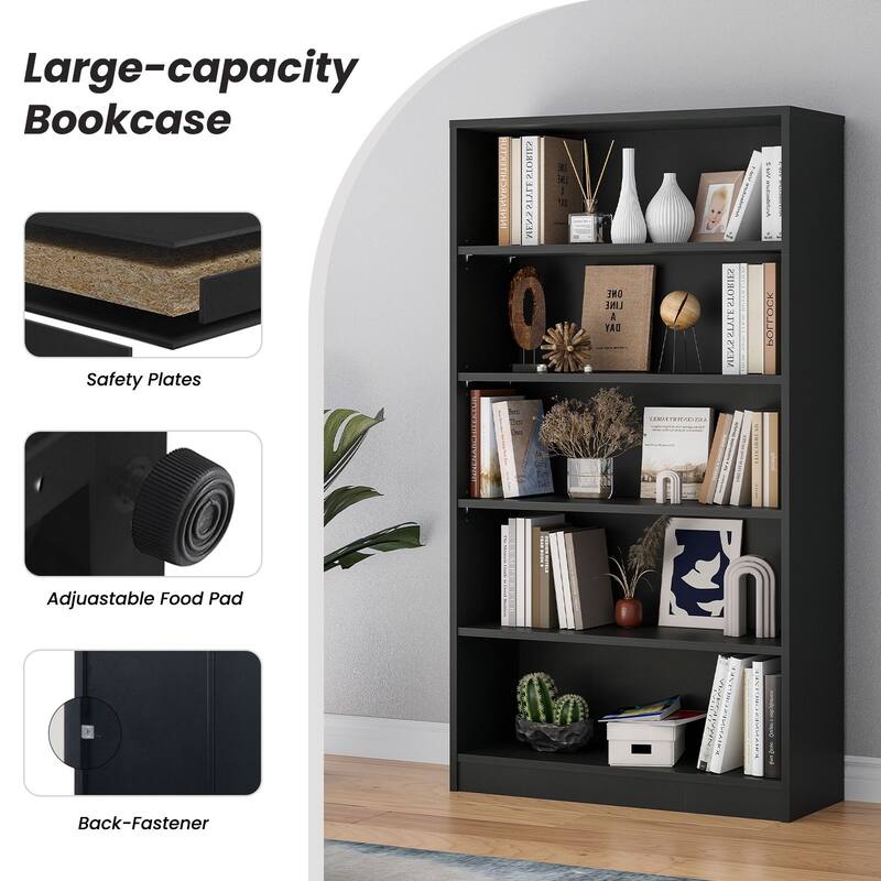 5 Shelf Modern Wood Bookshelf Wide Manga Bookcase for Bedroom