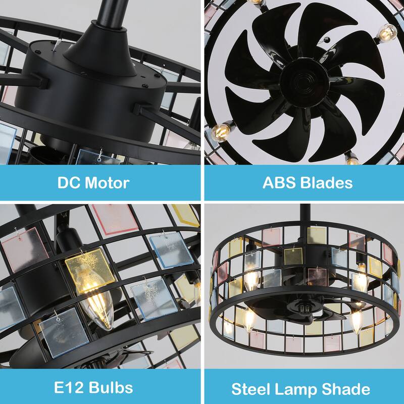 Oaks Aura Coronel 18in. DIY Tiffany Stained Glass Modern Ceiling Fan with Lights, Industrial 3-Speed Caged Ceiling Fan w/Remote