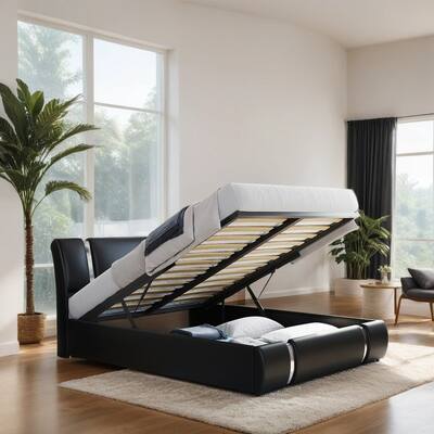 Queen Size Upholstered PU Platform Bed with Storage System, Black