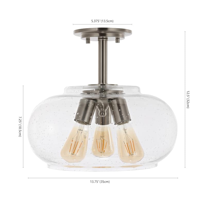 Marlowe 13.75" 3-Light Modern Industrial Iron/Seeded Glass LED Semi Flush Mount, Nickel/Clear by JONATHAN Y