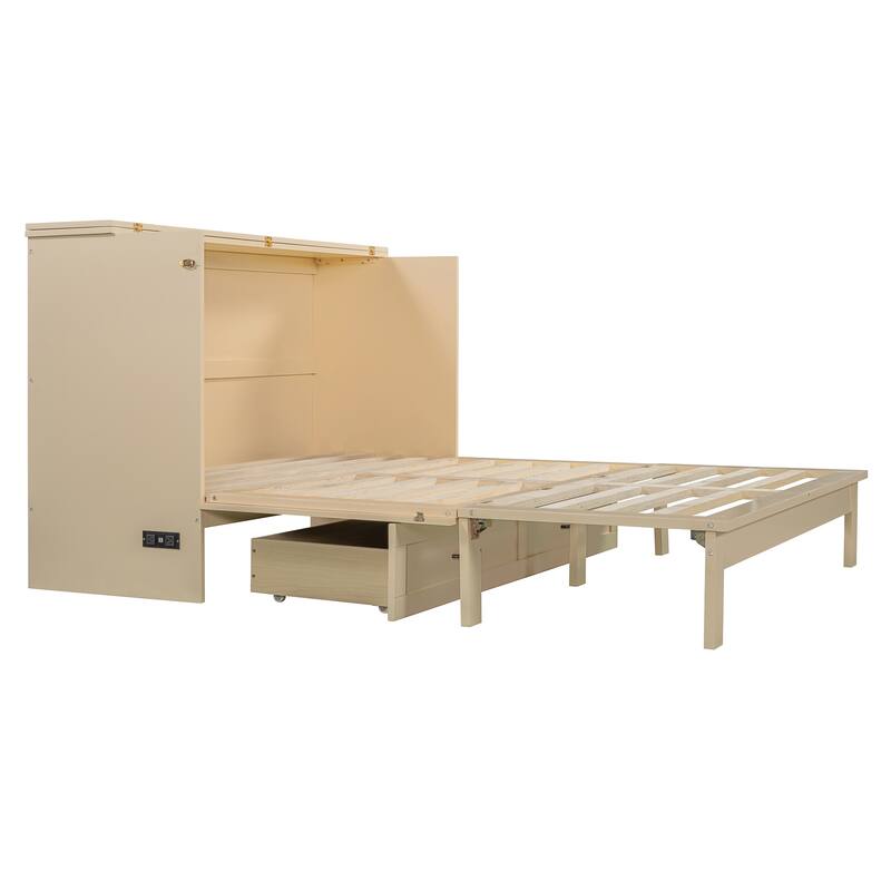 Queen Size Murphy Bed with Large Storage Drawers, USB Charging Port, and Space-Saving Design for Small Rooms