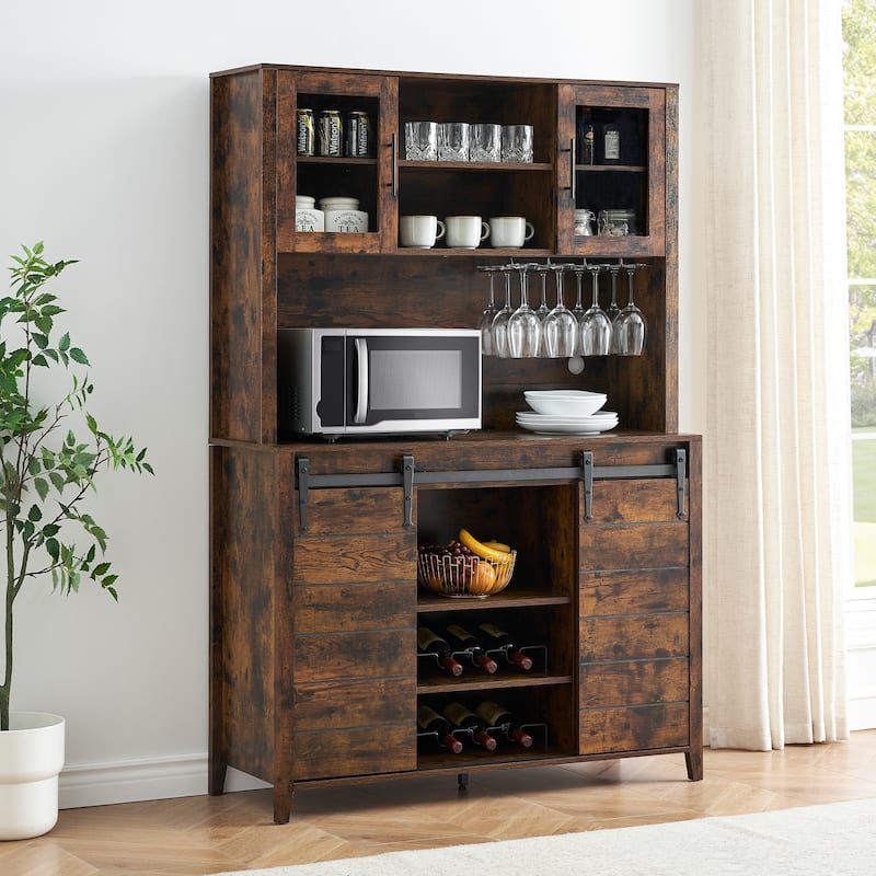 Farmhouse Wine Cabinet Kitchen Buffet with Wine Rack - 15.7"D x 47.2"W x 69.6"H - Brown