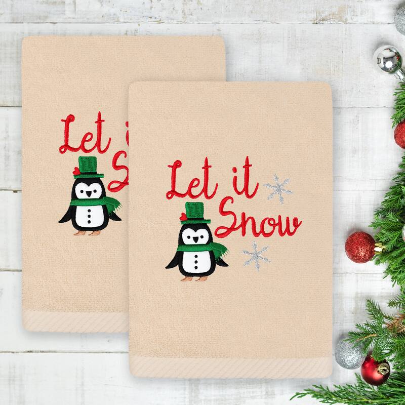 Authentic Hotel and Spa Christmas LET IT SNOW Embroidered Luxury 100% Turkish Cotton Hand Towels Set of 2
