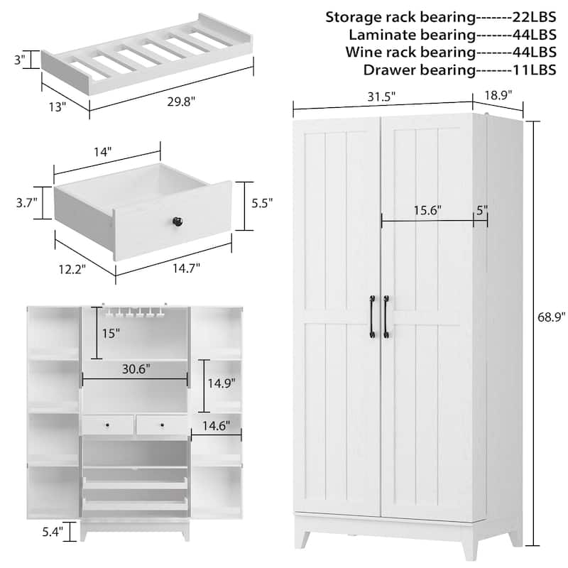 White Light Wood Grain Kitchen Cabinet with Red Wine Drawers Pantry