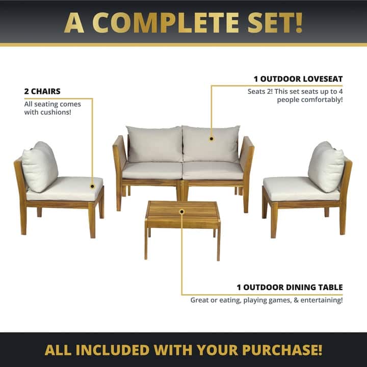 Kinger Home Trena 5-Piece Acacia Wood Patio Furniture Set - 9' x 12'