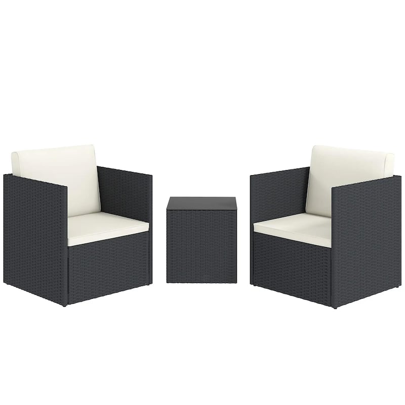 Folding Wicker Bistro 3-Piece Outdoor Set with Cushions and Glass Top