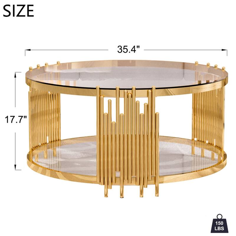 Modern Gold & Steel Round Coffee Table with 8mm Tempered Glass for Living Room