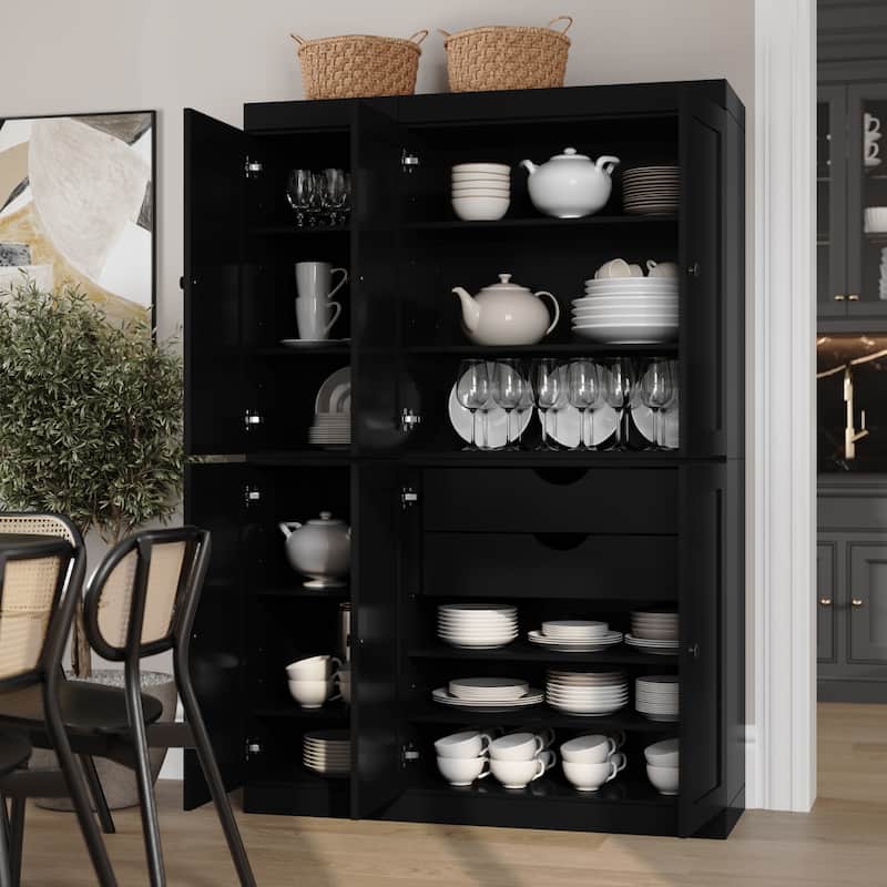 Palace Imports 100% Solid Wood 48.5" Pantry Cabinet with Shaker Doors, 2-Drawers and Adjustable Shelves - Black