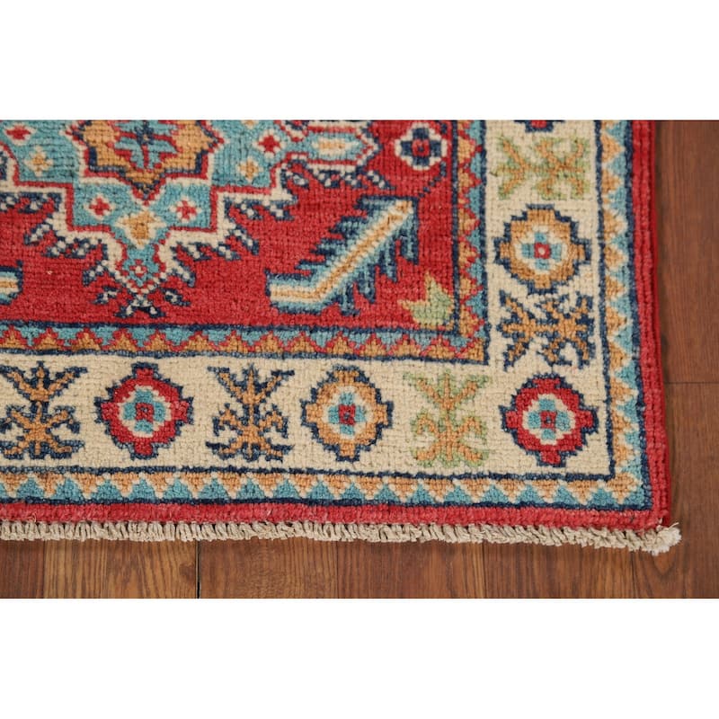 Red Geometric Kazak Oriental Accent Rug Hand-Knotted Wool Carpet - 2'0" x 2'10"