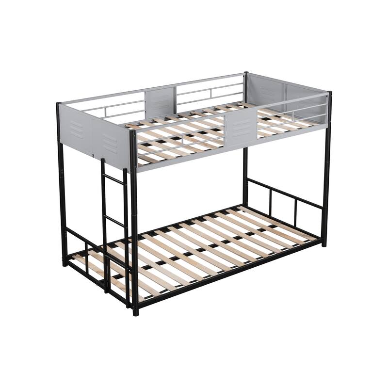 Durable Twin Over Twin Metal Bunk Bed with Vent Board Guardrails, Noise-Free Wood Slats, and Safety Ladder