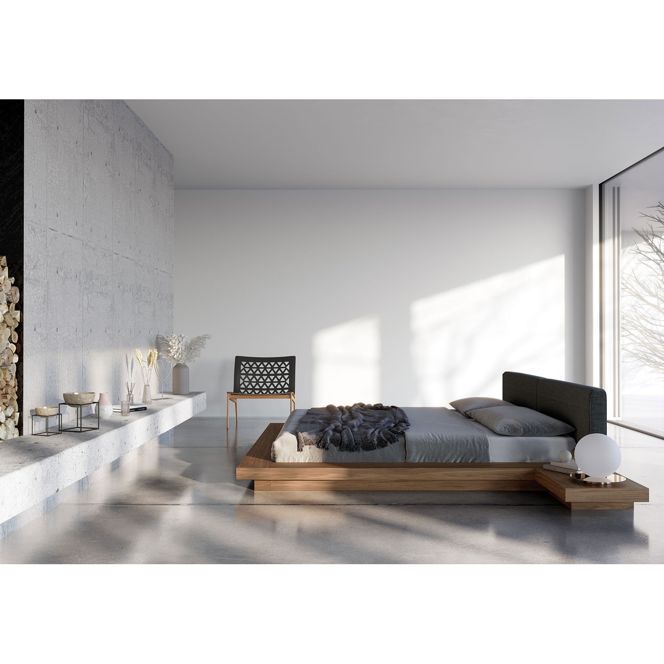 Worth Queen Bed in Soft Carbon Fabric and Walnut - Soft Carbon