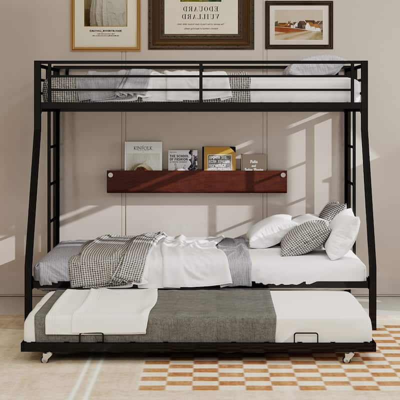 Modern Square Tube Bunk Bed with Ladder and Rolling Trundle Bed