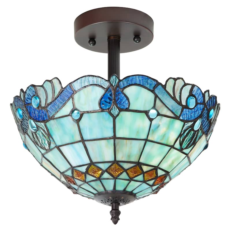 Anna River of Goods Metal and Blue Stained Glass Bowl Shade 13-Inch Semi-Flushmount Ceiling Light - 12.5" x 12.5" x 13"