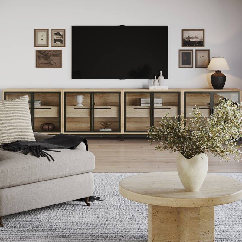 Mackenna Metal and Glass Sideboard Accent Cabinet with Two Doors, Oak Credenza for Kitchen or Living Room