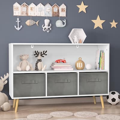 2-Shelf Kids Bookcase with Removable Collapsible Fabric Drawers, Wood Storage Display Organizer for Bedroom, Living Room