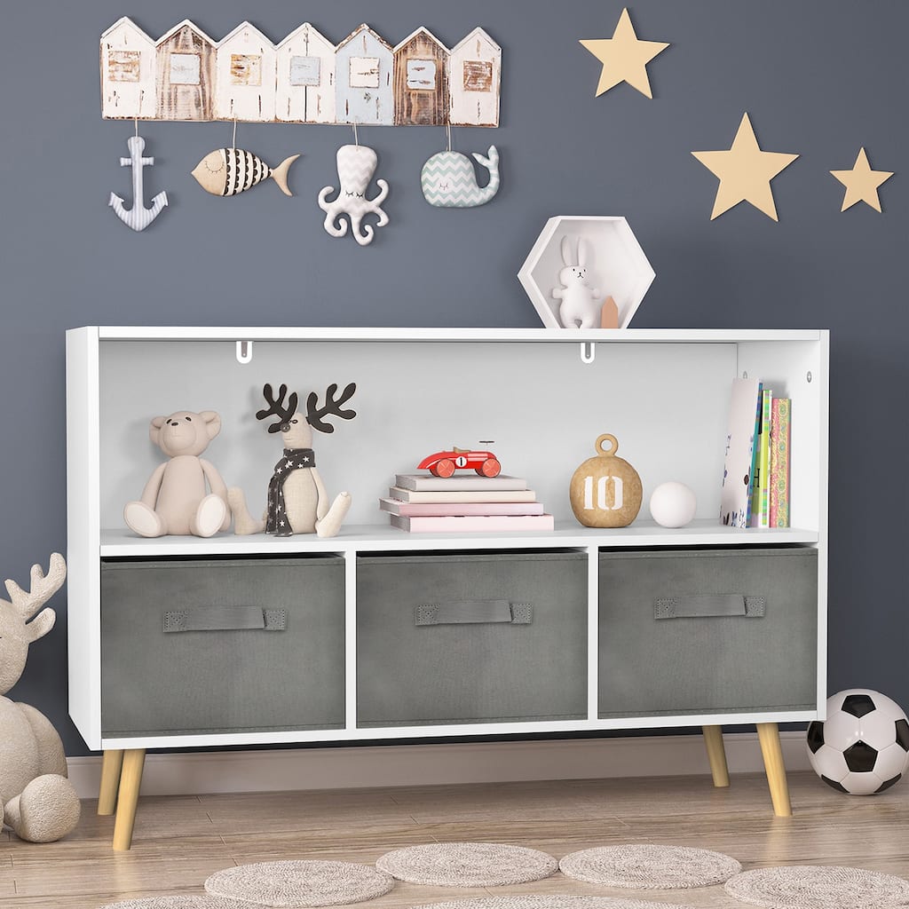 2-Shelf Kids Bookcase with Removable Collapsible Fabric Drawers, Wood Storage Display Organizer for Bedroom, Living Room