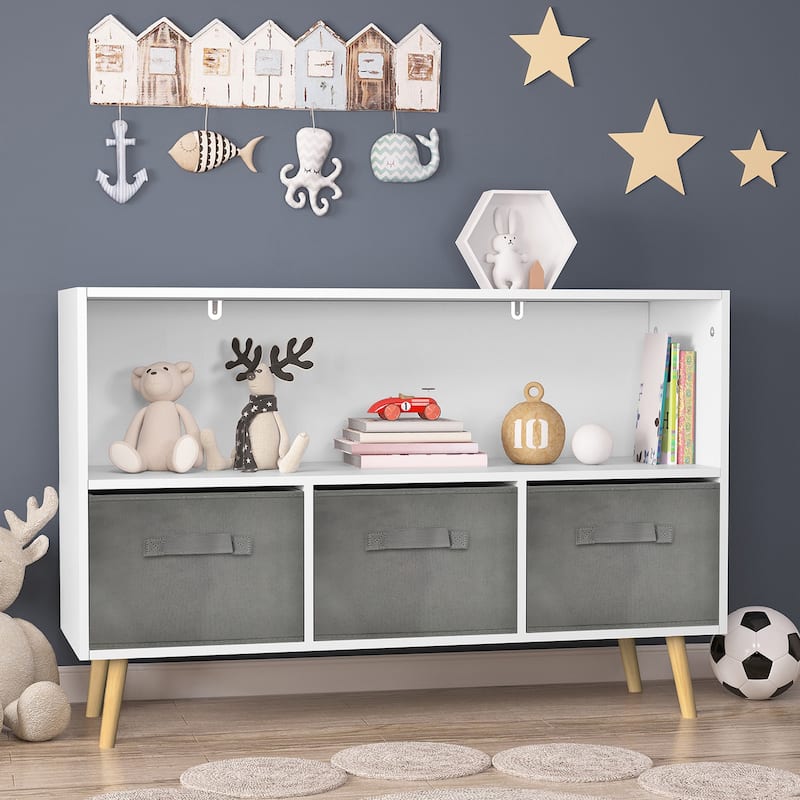 Kid's Toy Storage Cabinet Bookcase with Collapsible Fabric Drawers - Grey