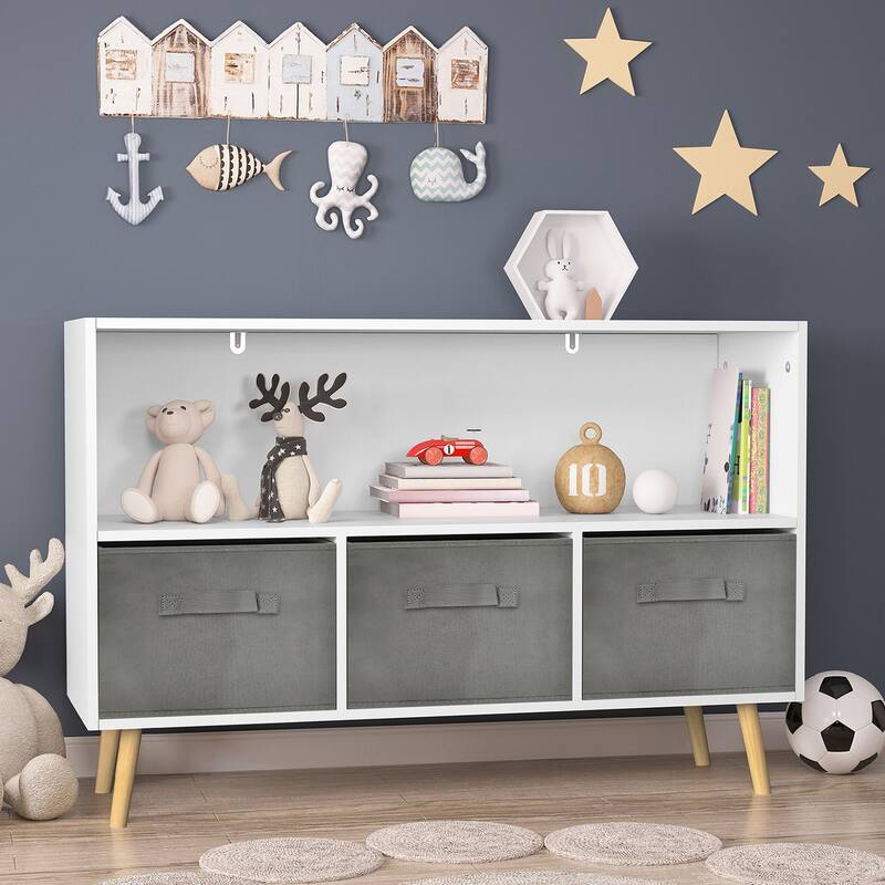 Kids bookcase with Collapsible Fabric Drawers, Children's Book Display, Toy Storage Cabinet Organizer - White+gray