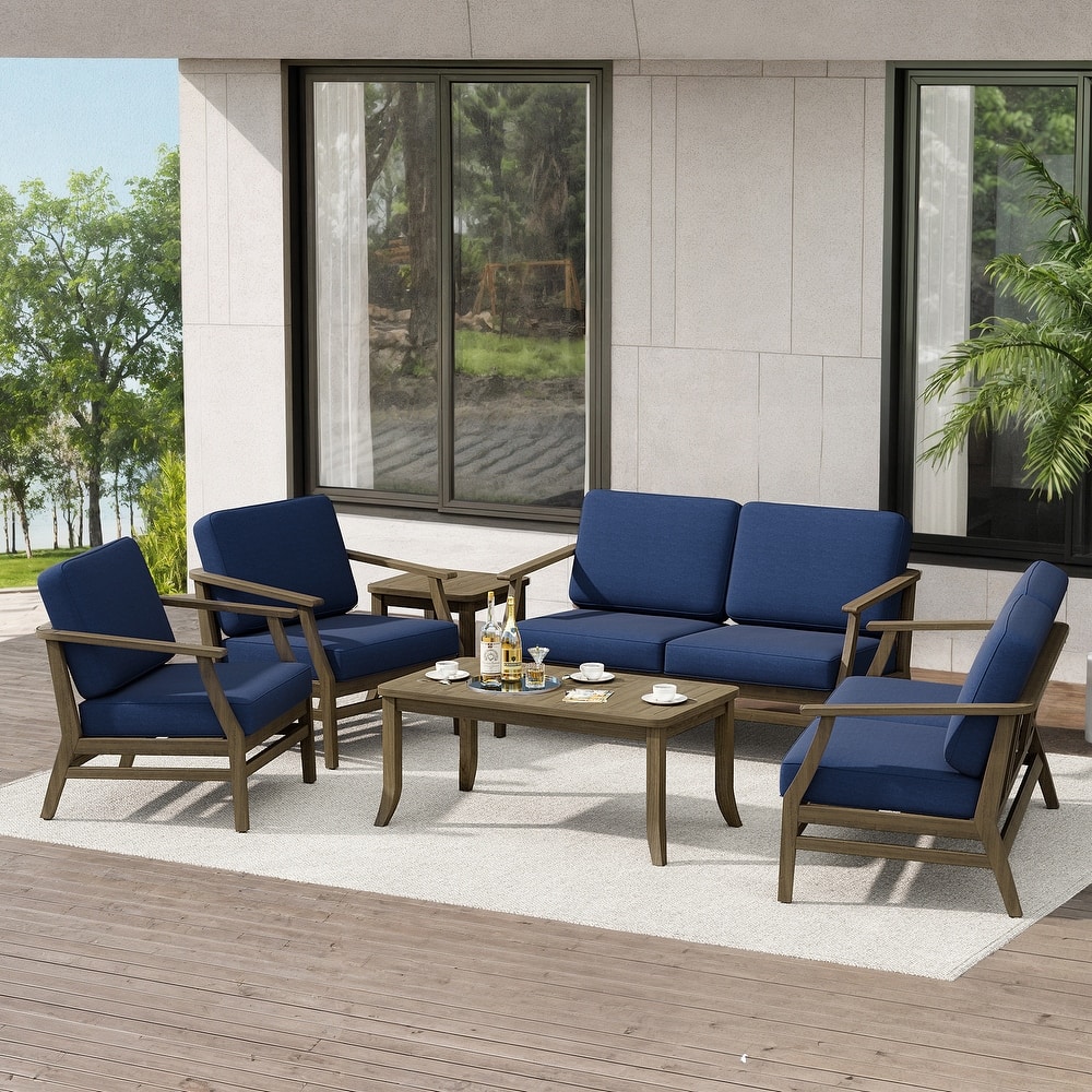 Teak Outdoor Patio Conversation Set with Cushions and Tables (6-Piece)