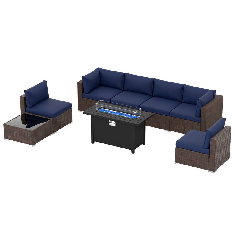Outdoor Wicker Sectional Sofa 8-Piece Set with Fire Pit Table