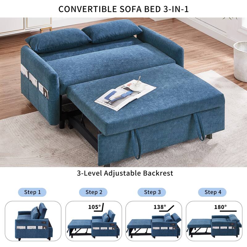 3-in-1 Pull Out Sofa Bed, Couch Bed with Adjsutable Back and Storage Pockets, 2 Seater Sofa with 2 Soft Pillows and USB Ports