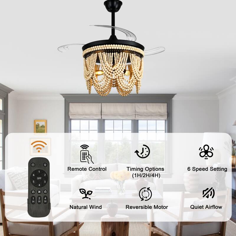 Bella Depot 42" Bohemian Retractable Ceiling Fan with Remote and Light 6-speed Reversible DC Motor